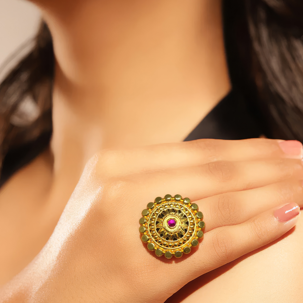 Traditional Gold-Plated Statement Ring with Red Stone