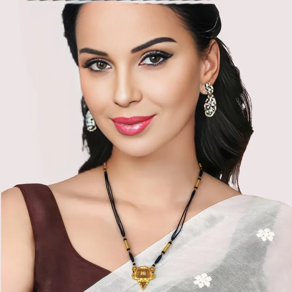 Regal Dual-Strand Black Bead Mangalsutra with Antique Pendant