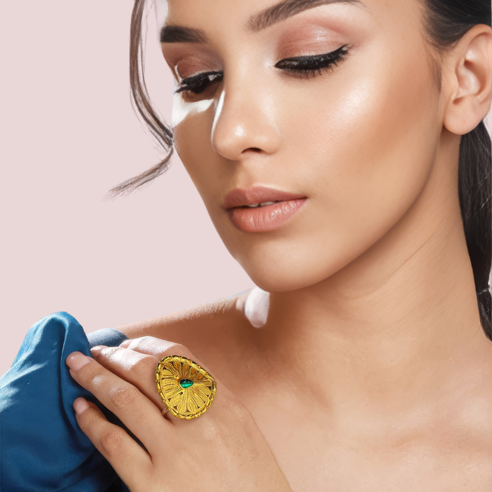 Gold-Plated Sunburst Ring with Green Gemstone