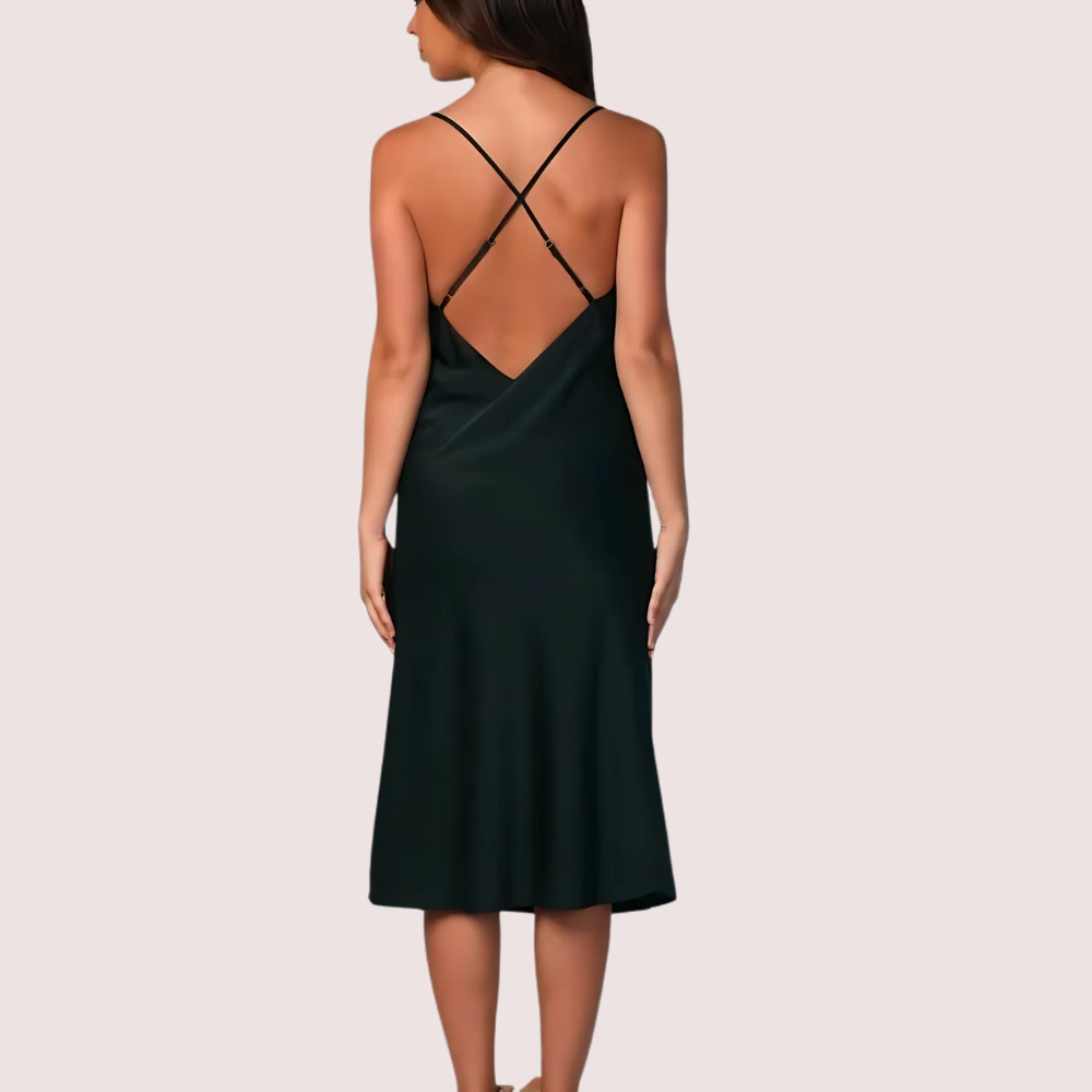 Navy Satin Cowl Neck Midi Dress