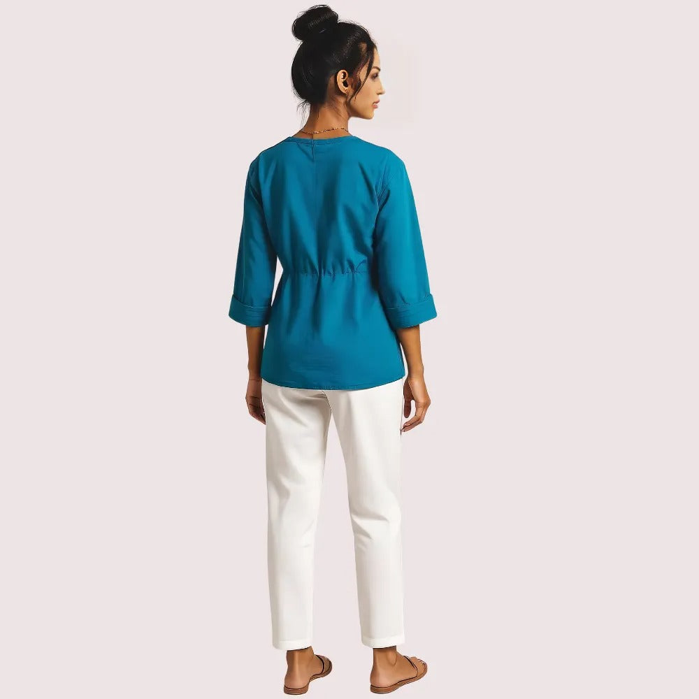 Teal Pintuck Detail Cotton Tunic Top