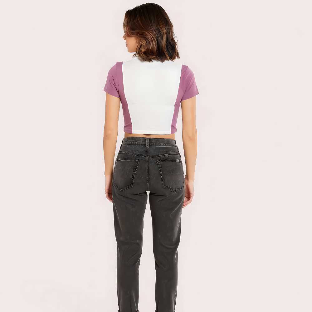 "Campus Vibes" Colorblock Zip Crop Top – Lilac & White